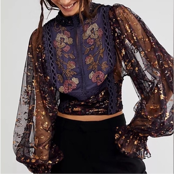 Free People Tops - Free People Camille Top Black Embellished Blouse Black Purple Gold Sparkle XS